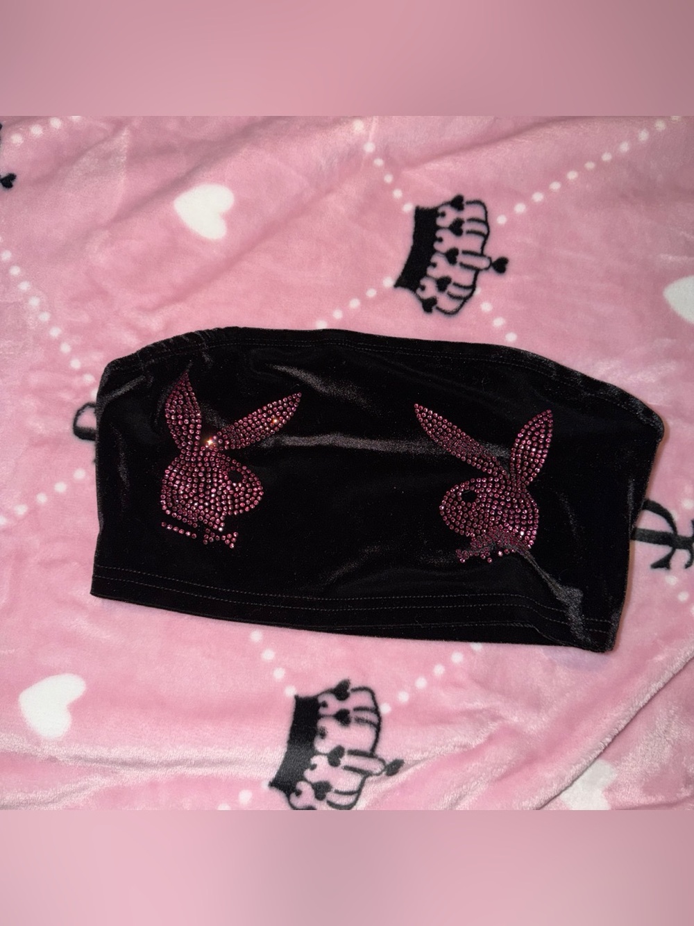 PLAYBOY Black Velvet Bandeau with Pink Crystal Bunny Logos